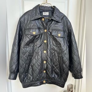 Sz L Melanzona quilted leather coat vintage 80s black gold buttons pockets